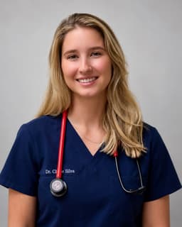 Dr. Chloe Silva in navy scrubs with a stethoscope, smiling to camera