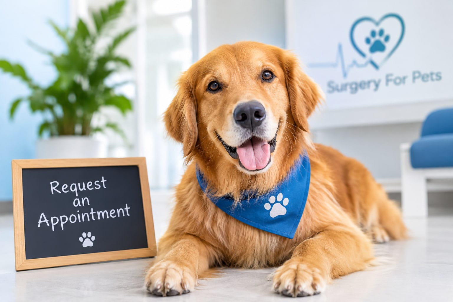 A golden retriever in a Surgery For Pets bandana lying beside a chalkboard reading Request an Appointment