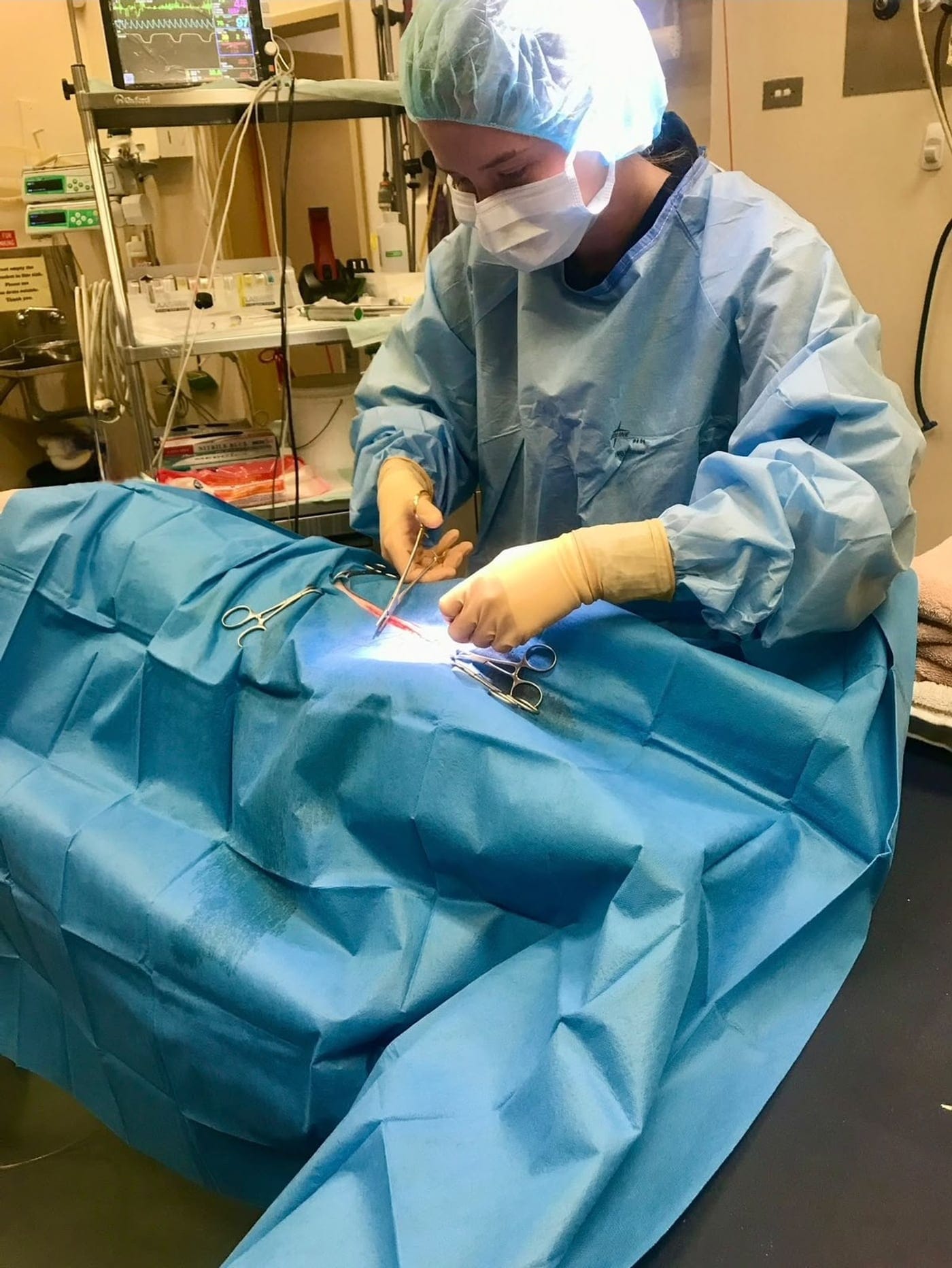 Dr. Chloe Silva in surgical cap, mask and gown, operating in the practice's surgical suite