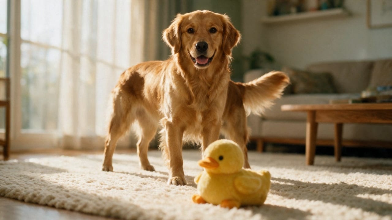 A golden retriever standing in a sunlit living room beside a plush toy duck