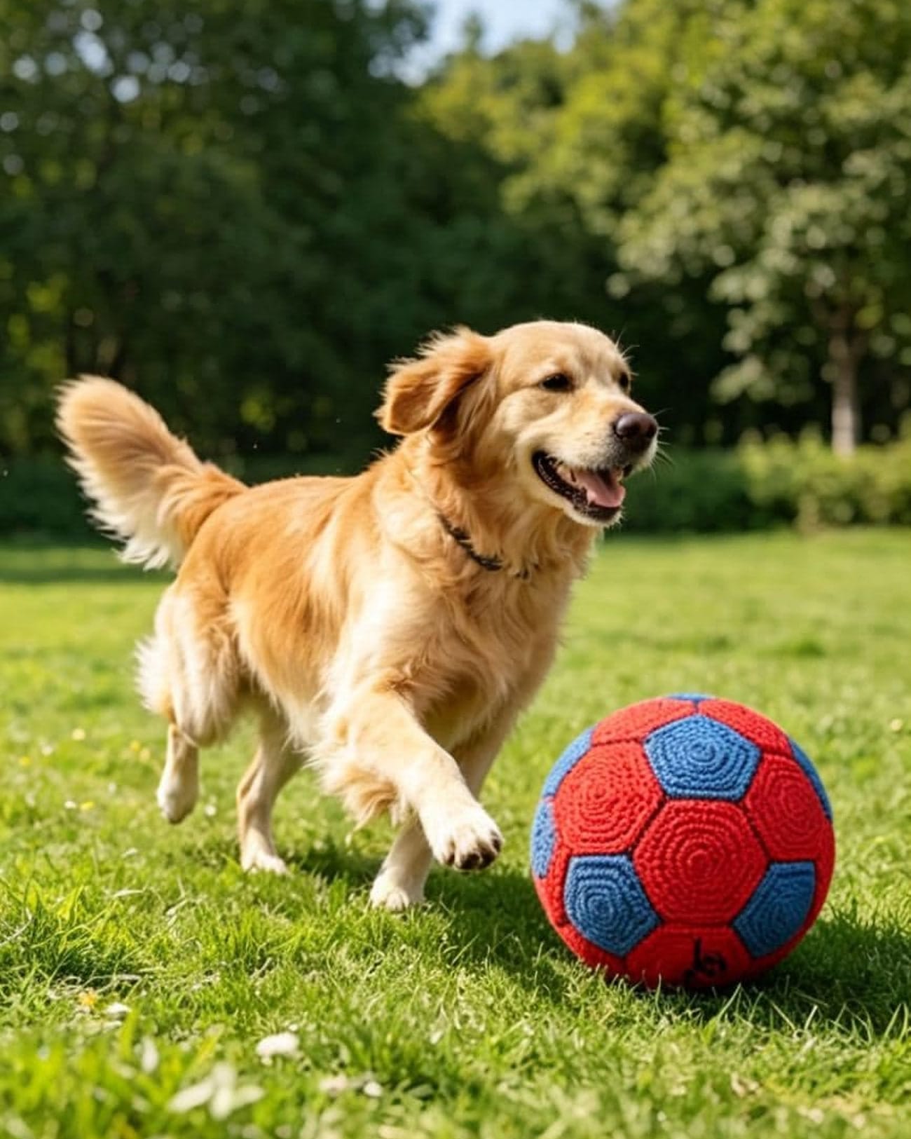 A golden retriever running across sunlit grass toward a ball